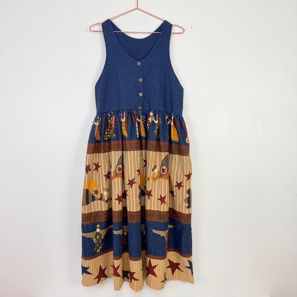 Vintage 1995 Moda‎ Angel Folk Art Midi Dress L Blue Star Linda Brannock Artsy